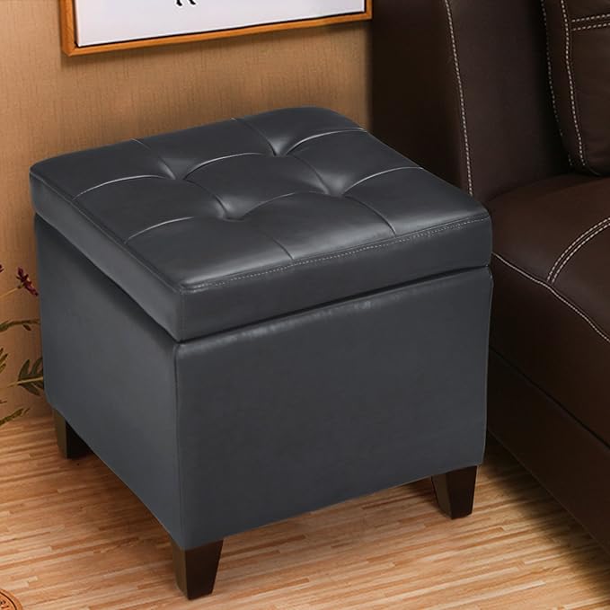 Adeco Bonded Leather Square Tufted Cubic Cube Storage Footstool, 18" Inch Ottomans & Storage Ottomans, With Lid, Dim Gray-CasaMuseHome