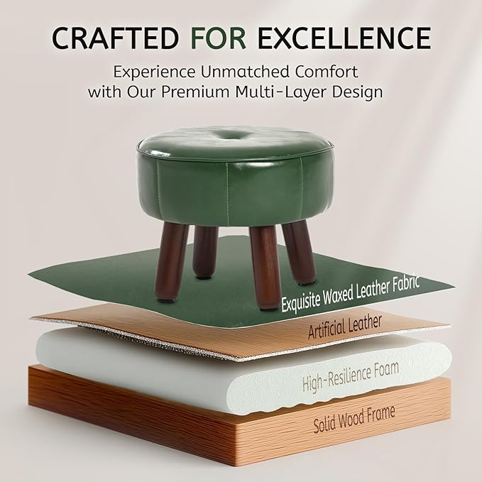 13in Small Foot Stool Ottoman, Round Faux Leather Foot Rest for Couch, Under Desk Pouf Footstool Footrest with Non-Skid Rubber Legs for Ling Room, Bedroom, 13''L x 13''W x 10.2''H, Green-CasaMuseHome