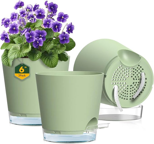 6 inch Self Watering Pots for Indoor Outdoor Plants, 3 Pack Flower Plant Pots with Drainage Holes and Clear Reservoirs, Visible Water Level, Plastic Planters with Wicking Rope, Green-CasaMuseHome