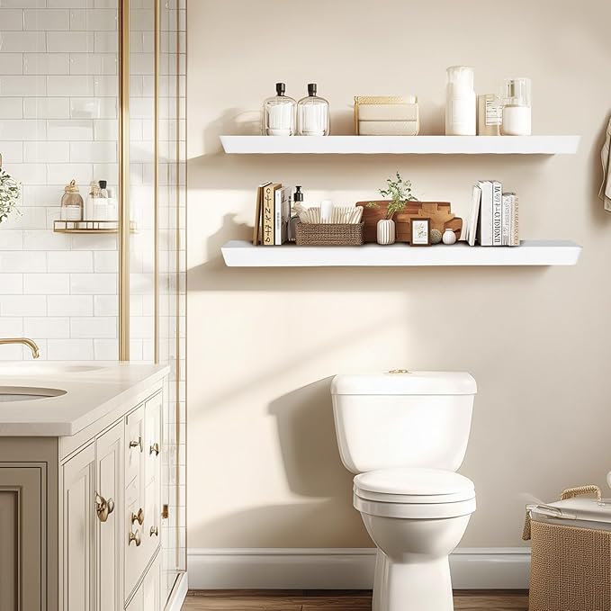 36"x6.8"x1.6" Slanted Floating Wall Shelves 2-Pack - Rustic White Finish, Heavy-Duty Solid Wood Design with Hidden Brackets - Perfect for Living Room, Kitchen, Bathroom, or Office-CasaMuseHome