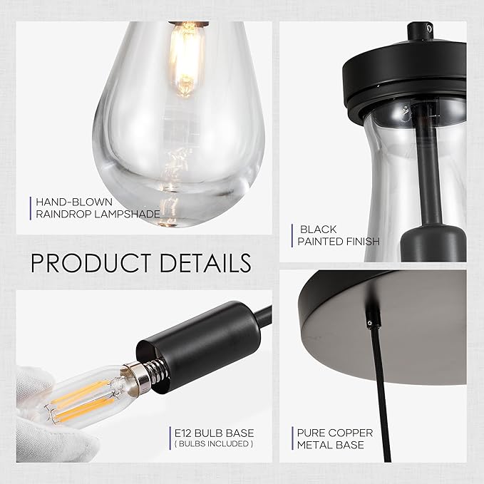 3-Light Raindrop Pendant Light Fixtures, Black Glass Pendant Lighting, Teardrops Modern Hanging Light for Entryway Foyer Kitchen Island Dining Living Room Hallway-CasaMuseHome