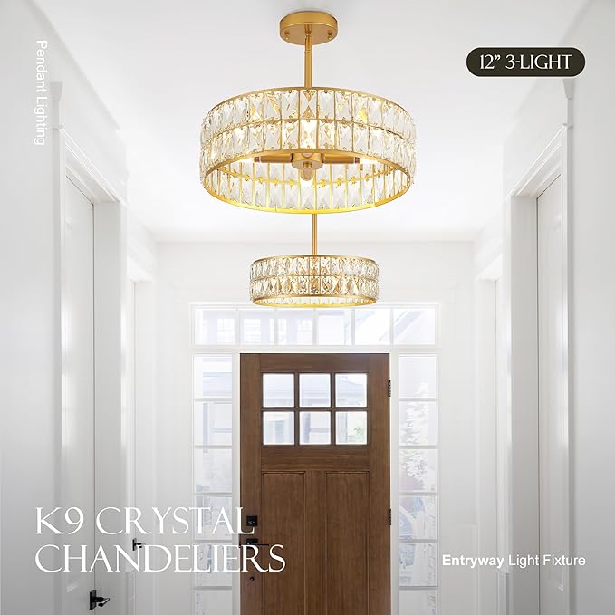 16” 4-Light Modern Crystal Chandeliers Gold Dinning Room Light Fixture, Round Pendant Light Kitchen Island Chandelier, Flush Mount Ceiling Light for Living Room Entryway Bedroom Foyer-CasaMuseHome