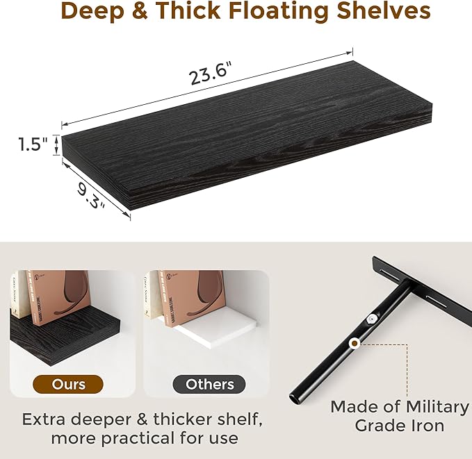 24 Inch Floating Shelves, Rustic 24 x 9 Black Floating Shelf for Wall, Black Bathroom Shelf Set of 2, Farmhouse Wood Wall Shelves for Bedroom, Kitchen, 9 Inch Deep Shelves for Home Storage-CasaMuseHome