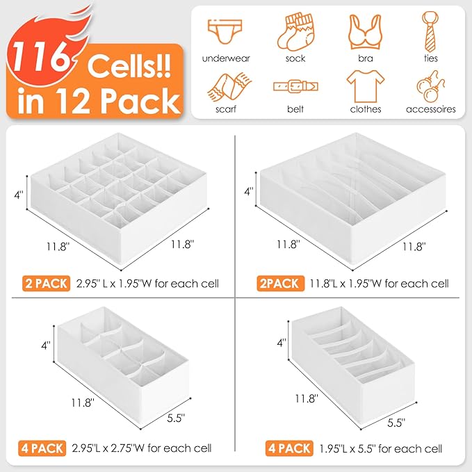 12 Pack Drawer Organizers for Clothing, 116 Large Compartments Fabric Dresser Closet Organizers and Storage Bins for Baby Clothing, Women Men Underwear Socks, Bra, Ties, College Dorm Room Essentials-CasaMuseHome
