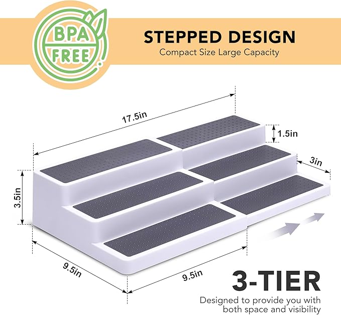 3-Tier Expandable Spice Rack, Plastic Spice Rack Organizer for Cabinet, Adjustable Length, Non-Skid Spice Shelf Organizer for Kitchen Cabinet, Countertop or Pantry, 2 Pack, White/Grey-CasaMuseHome