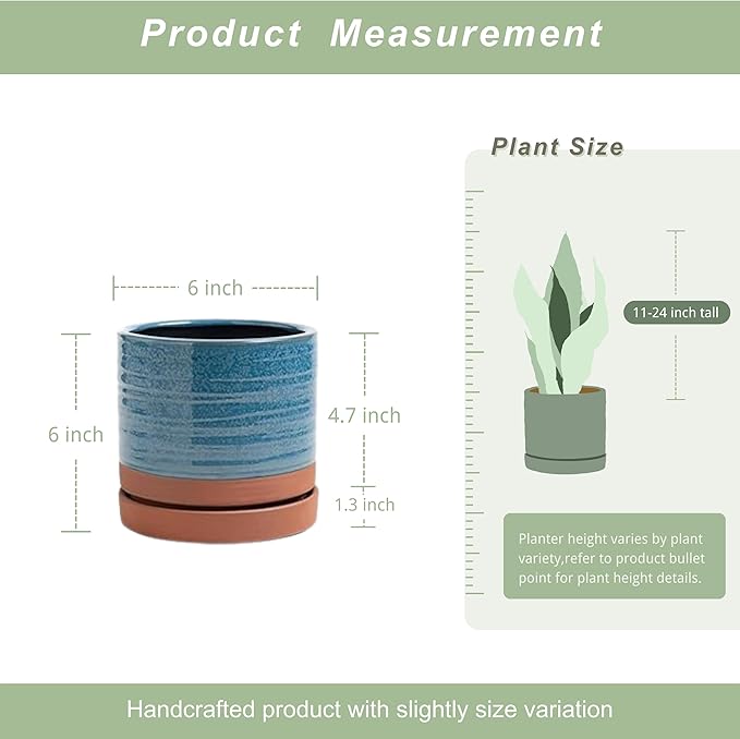 6 Inch Plant Pots, Ceramic Planter Pot with Drainage Hole & Saucer, Indoor/Outdoor Cylinder Round Planter Pot, Aqua Blue & Terracotta Red-CasaMuseHome