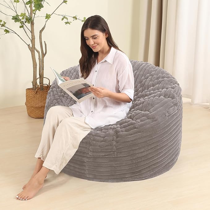 3FT Memory Foam Bean Bag Chair for Adults/Teens, Bean Bag Sofa with Fluffy Removable Cover, for Living Room Bedroom, Grey-CasaMuseHome