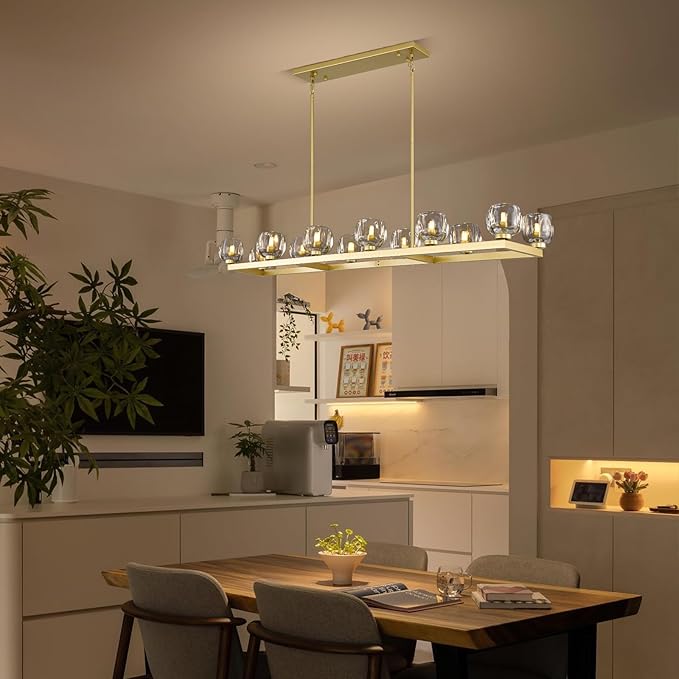 59 Inch Brass Rectangle Wagon Wheel Chandeliers, Gold Chandelier for Dining Room Over Table, Modern Crystal Long Chandelier, Farmhouse Large Linear Chandeliers for Kitchen Island-CasaMuseHome