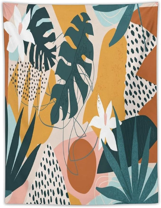 Abstract Bohemian Mid Century Tapestry, Tropical Leaves Modern Geometric Archway Minimalist Bohemian Botanical Aesthetic Wall Hanging, Sage Green Gold Home Decor Art for Bedroom 60x60 Inch-CasaMuseHome