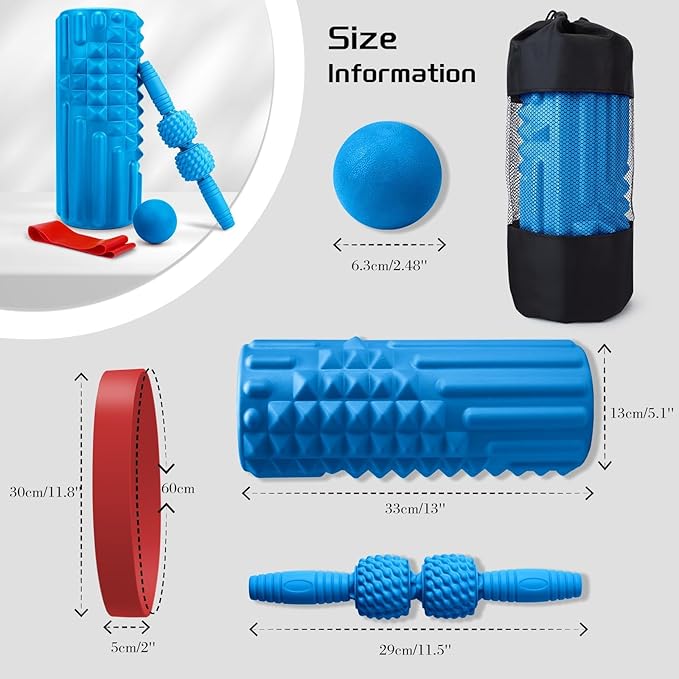 5-in-1 Foam Roller Set, Massage Roller Stick, Massage Ball, Resistance Band for Deep Muscle Massage, Trigger Point Release, Pilates, Yoga (Blue)-CasaMuseHome