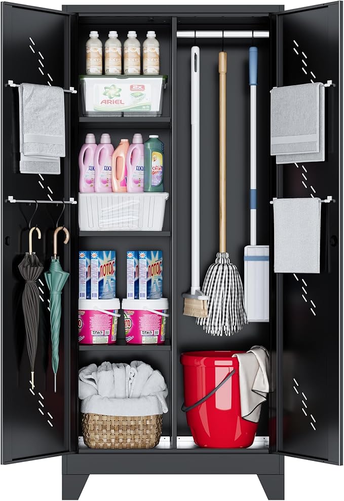 71'' Metal Storage Cabinet with Doors, Multifunctional Bathroom/Garage Lockable Steel Cabinet, Broom Closet Storage with Hanging Rod (Style-1)-CasaMuseHome