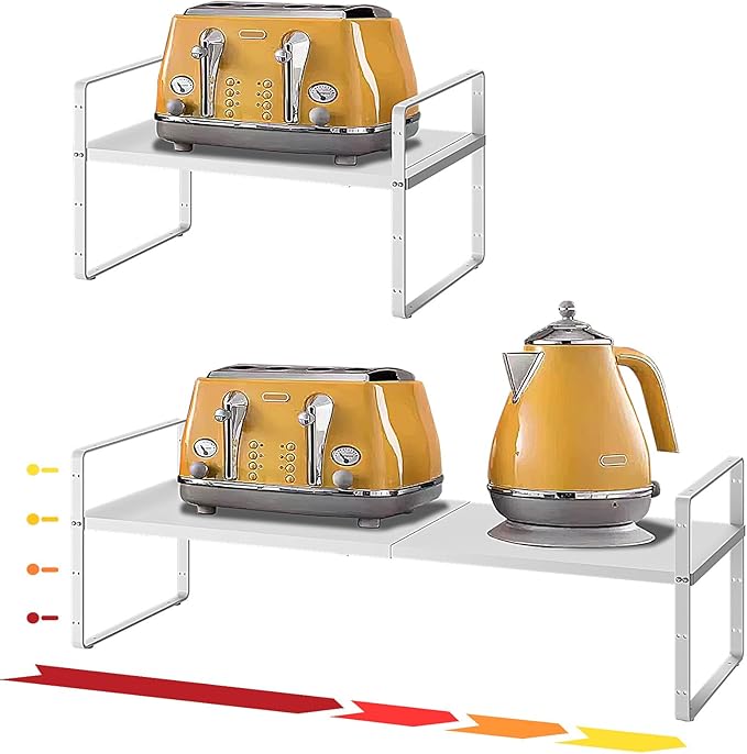 16.5~27.1" Expandable Shelf Organizer, 1Pack 8.1" Wide Stackable Cabinet Shelf Organizers, White Metal Sturdy Kitchen Counter Storage for Countertop, Adjustable Height Spice Rack-CasaMuseHome