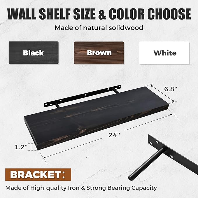 24"x6.8"x1.2" Solid Wood Floating Shelves 2-Pack - Rustic Black Finish with Hidden Brackets, Perfect for Storage and Décor in Living Room, Kitchen, Bedroom-CasaMuseHome