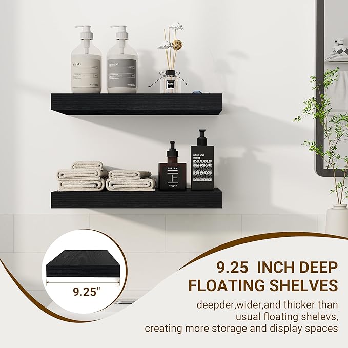 16 Inch Floating Shelves, 16"x9.25"x1.5" Inch Deep Floating Shelves for Wall, Wooden Shelves for Bathroom, Bedroom, Living Room, Black-CasaMuseHome