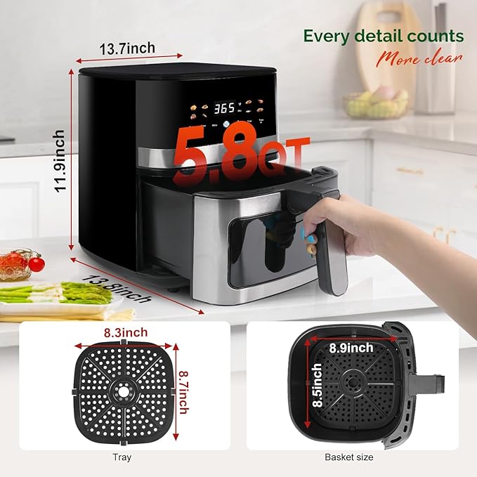 5.8QT Digital Air Fryer with Viewable Window, Adjust Temp & Timer, Air Frying, Reheat, Easy for Frozen Food, Snacks, Dinner, Large Square Basket than Round, Portable for Family & Apartment-CasaMuseHome