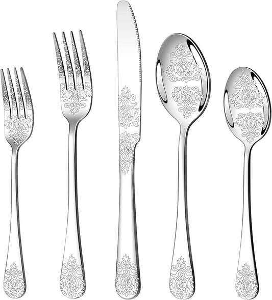 40 Pcs Silverware Set for 8 with Classical Flower Embossed Design, Food Grade Stainless Steel Flatware Set, Eating Utensils Sets Include Fork/Knife/Spoon, Reusable Cutlery Set, Dishwasher Safe-CasaMuseHome