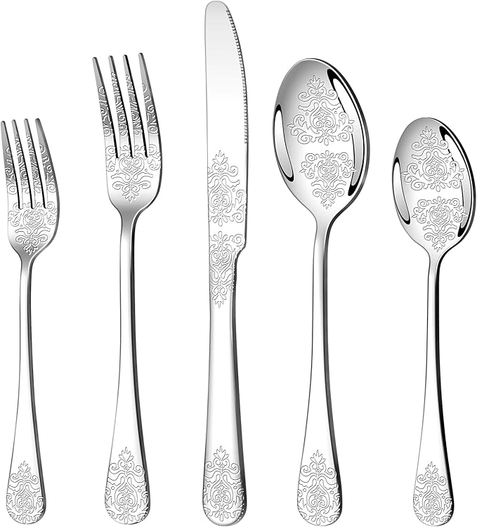 20 Pcs Silverware Set for 4 with Classical Flower Embossed Design, Food Grade Stainless Steel Flatware Set, Eating Utensils Sets Include Fork/Knife/Spoon, Reusable Cutlery Set, Dishwasher Safe-CasaMuseHome