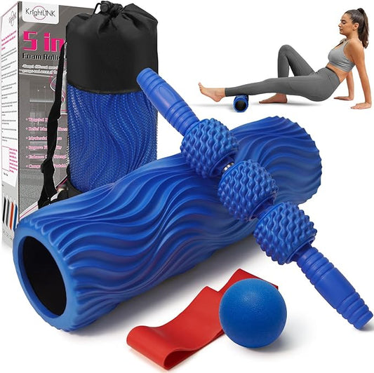 5-in-1 Foam Roller Set, Massage Roller Stick, Massage Ball, Resistance Band for Deep Muscle Massage, Trigger Point Release, Pilates, Yoga (Blue-Wave)-CasaMuseHome