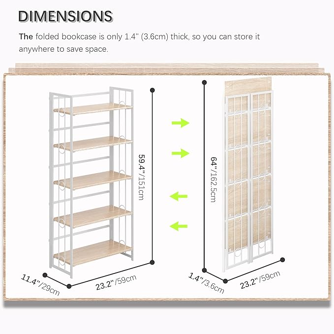 4NM No Assembly 5 Tiers Folding Bookshelf, 59.4" H Foldable Storage Shelves Vintage Bookcase Standing Racks Study Organizer Home Office - Natural White-CasaMuseHome