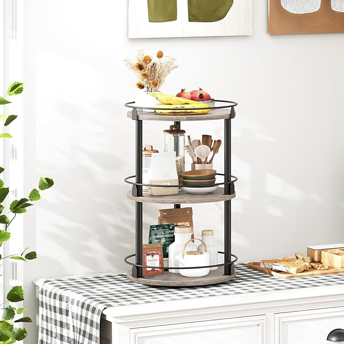 3-Tier Lazy Susan Organizer, Rotating Spice Rack, Spinning Organizer, Industrial Turntable Spice Rack Organizer for Cabinet, Kitchen Countertop, Greige and Black SR23BG-CasaMuseHome