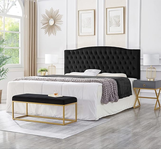 24KF Upholstered Tufted Button Velvet Headboard,Comfortable Fashional Headboard King/CA King Size,Black-CasaMuseHome