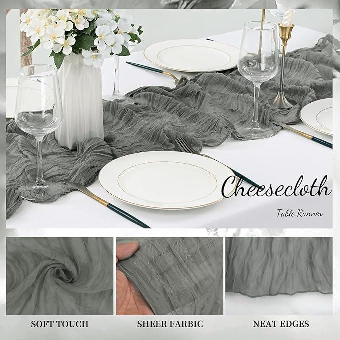 12 Pack Gray 10FT Cheesecloth Table Runner Rustic Gauze Fabric Cheese Cloth Table Runner for Wedding Bridal Baby Shower Table Decor 20 x 120 Inch Long Boho Sheer Birthday Party Table Decorations-CasaMuseHome