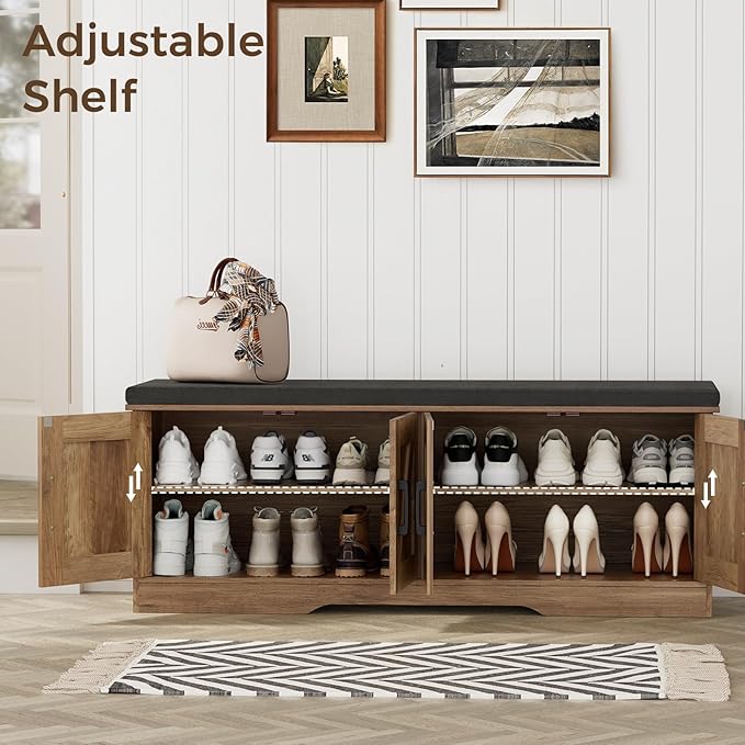 2-Tier Storage Bench, Shoe Bench with Padded Seat Cushion, Entryway Bench with 4 Barn Doors, Adjustable Shelf, 13.8" D x 47.2" W x 17.7" H, for Entryway, Living Room, Bedroom, Rustic Walnut-CasaMuseHome