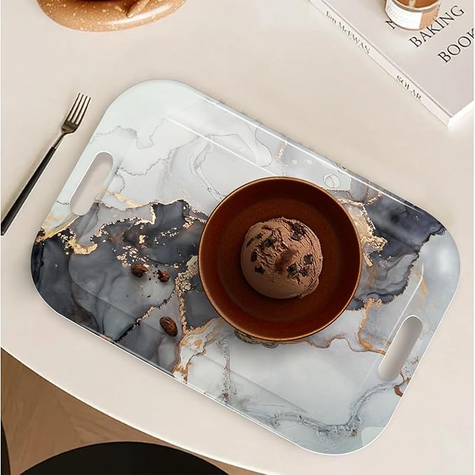 Serving Trays with Handles, 14.5 x 9.8 inch Rectangular Plastic Tray for Restaurant, Kitchen, Gray and Golden Marble-CasaMuseHome