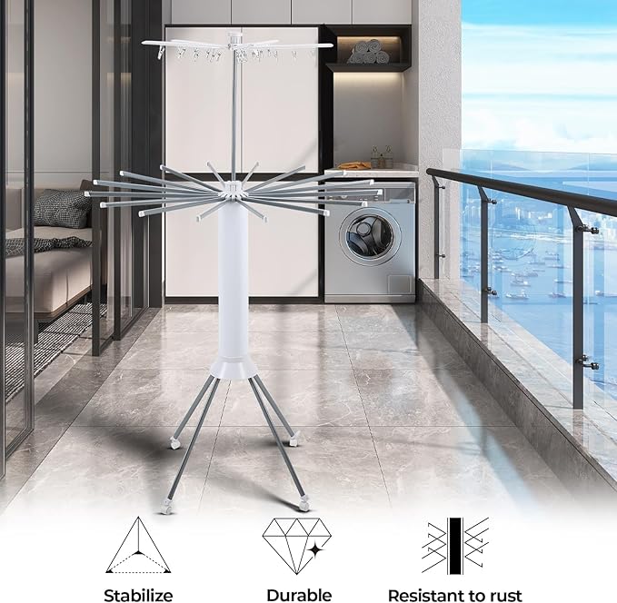 3 Tier Portable Clothes Drying Rackwith 4 Pulleys,Indoor and Outdoor Collapsible Rack Clothing with Shoe Drying Rack for Space Saving-CasaMuseHome