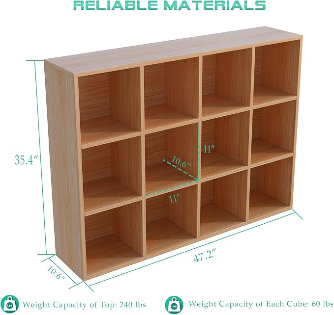 12-Cube Storage Shelf Bookcase - Wooden 3-Tier Floor Standing Open Bookshelf for Home and Office, Display Cabinet, Oak-CasaMuseHome