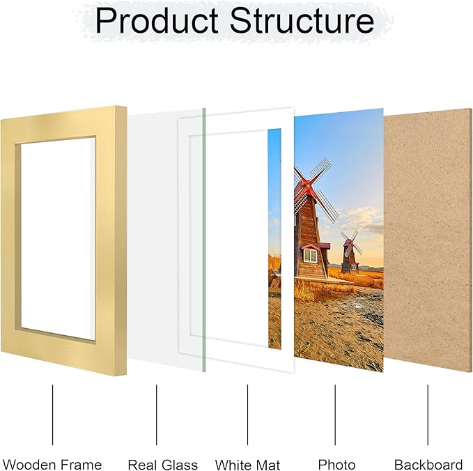 5x7 Picture Frame Set of 4, 5 x 7 Wood Photo Frames with Mat for 4x6, Wooden Frame with Real Glass Cover for Wall and Tabletop Display,Gold-CasaMuseHome