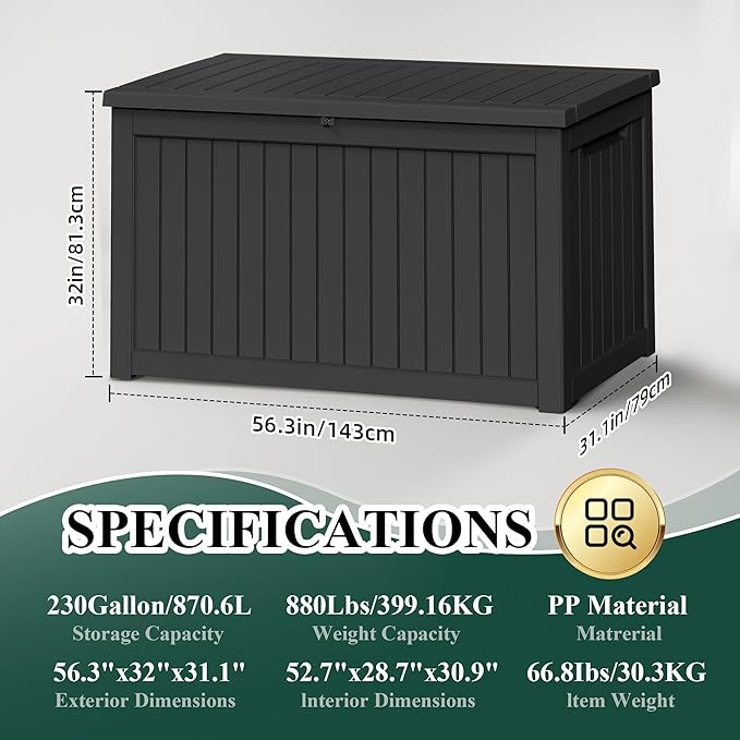 230 Gallon Outside Storage Box, Resin All Weather Storage Cabinet, Large Deck Box for Garden Tools, Patio Furniture, Sports Equipment, Black-CasaMuseHome