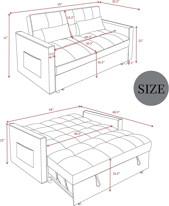 3 in 1 Sleeper Sofa Bed, Futon Sofa Bed for Living Room with Side Pocket, Blue Sleepers Sofas Couch with Pullout Beds, Convertible Love Seat Sleepers couch for Living Room, Bedroom, Small Space-CasaMuseHome