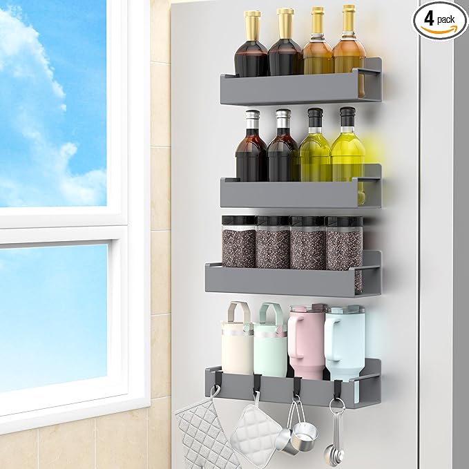 4 Pack Magnetic Spice Rack Organizer for Refrigerator and Oven, Dark Grey Fridge Organizers and Storage for Kitchen-CasaMuseHome