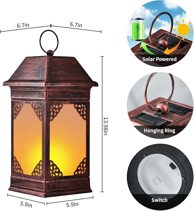 14" Solar Lanterns Outdoor Waterproof, Glass Flickering Flame Solar Lantern, Hanging Metal Lantern Decorative for Patio Front Porch Garden Backyard Tabletop Party Decoration-CasaMuseHome