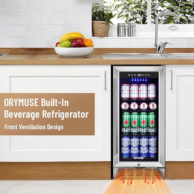 15 Inch Beverage Refrigerator, 130 Can Capacity Under Counter Fridge with Lock & Glass Door, Quiet Built-in or Freestanding Beer Cooler, Powerful Compressor for Fast Cooling-CasaMuseHome