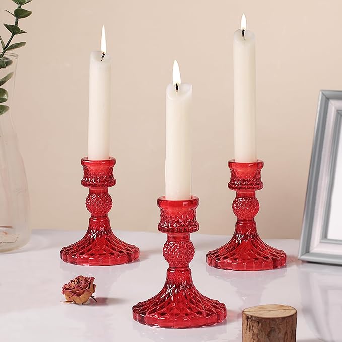 12Pcs Red Candlestick Holders Set- 4" H Taper Candle Holders Bulk, Glass Candle Holders for Activities, Party, Romantic Dinner Table Centerpieces, Festival Gifts & Windowsill Decor-CasaMuseHome