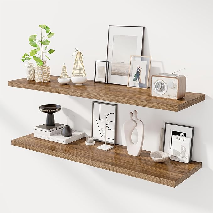 48" Floating Shelves for Wall, 12" Deep Slim Walnut Floating Shelves, Wall-Mounted Shelves for Bedroom, Living Room, Kitchen, Bathroom - Set of 2-CasaMuseHome