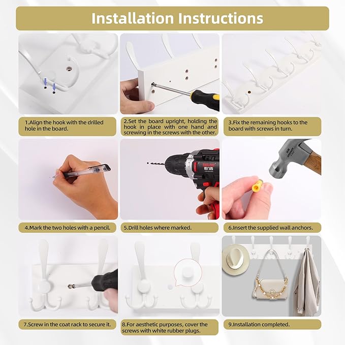 2pcs Coat Rack Wall Mount Coat Hooks Wooden Hat Rack for Wall Hooks Pine Real Wood Plank 16.9" White Coat Hanger with 5 White Triple Hooks for Hanging Coat Hat Jacket-CasaMuseHome