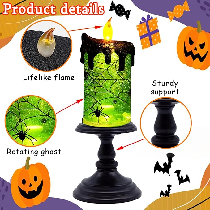 1.Halloween Snow Globe Tornado Flameless Candles Table Centerpiece for Celebration Party,Battery Operated LED Candle with 6 Hours Timer for Home Indoor Halloween Decoration (Spider)-CasaMuseHome
