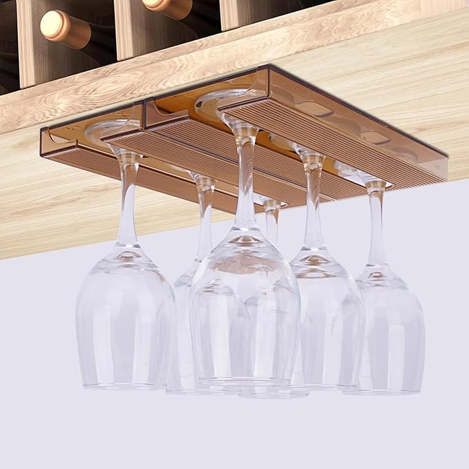 2 Pcs Wine Glass Holder,Stemware Rack Punch-free Hanging Under Cabinet for Bar,Kitchen and Restaurant (Brown)-CasaMuseHome