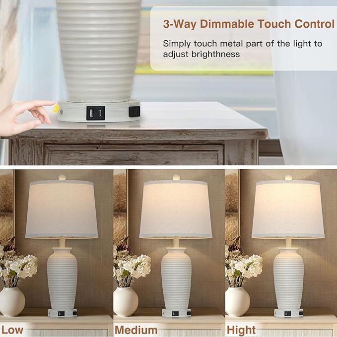 25" Farmhouse Jar Table Lamps Set of 2,Rustic Cream Pot Table Lamp for Bedroom, Living Room,3 Way Touch Control Rustic Bedside Lamps with USB A+C Ports & AC Outlet(LED Bulbs Included)-CasaMuseHome