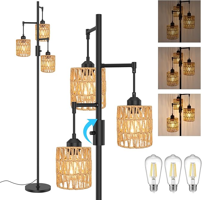 3-Light Boho Floor Lamp for Living Room, Rattan Wicker Standing Lamp Palm Tree Design, Farmhouse Coastal Floor Light with Woven Shade, Tall Bohemian Lamp-CasaMuseHome