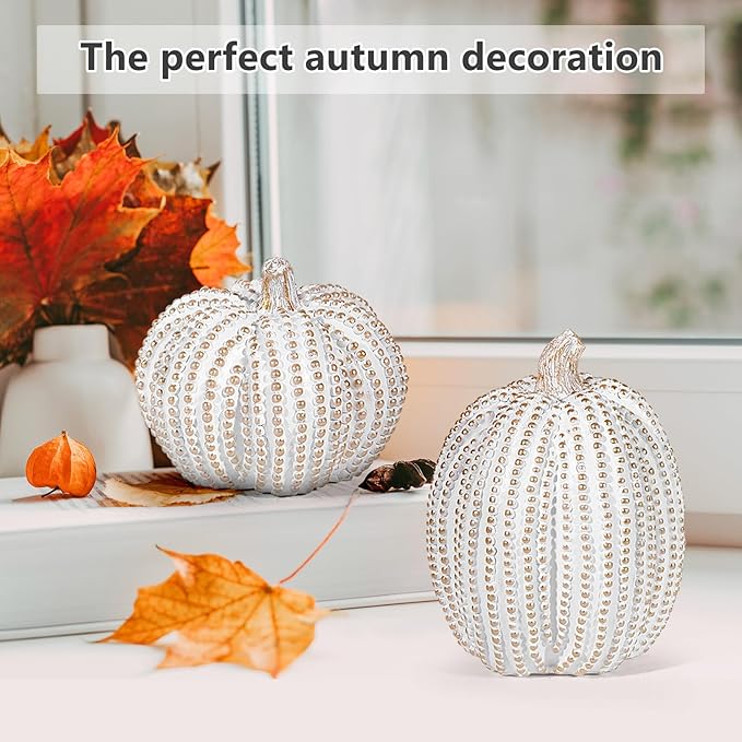 2Pcs Halloween Pumpkin Artificial Resin Pumpkins Decor for Mantel Harvest Autumn Tabletop Decoration Gold Fall Pumpkin Decorations Thanksgiving Table Centerpieces (Set A, ONE Size)-CasaMuseHome
