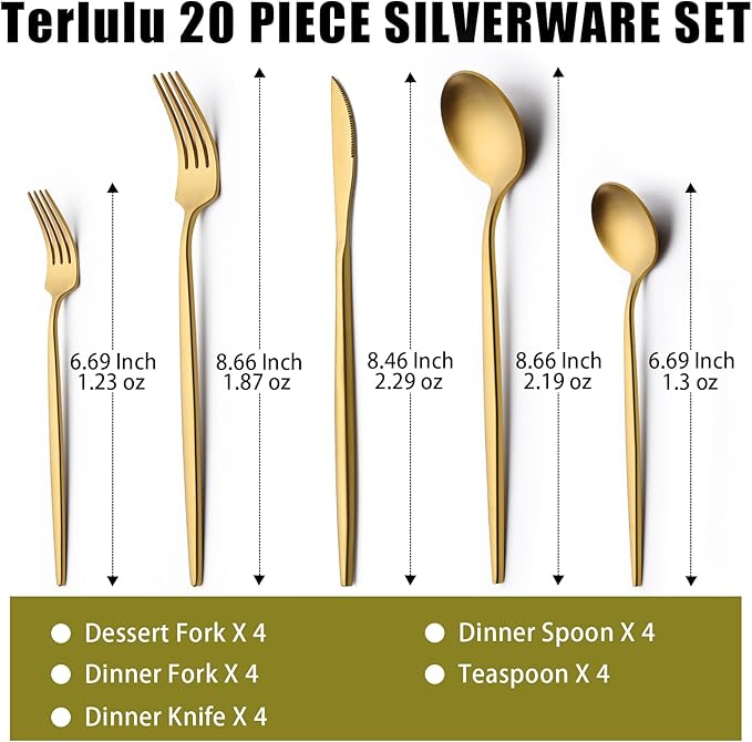 20 Piece Gold Silverware Set for 4, Terlulu Stainless Steel Flatware Set, Gold Cutlery Set Utensils Set, Tableware Include Forks Knives Spoons for Home Kitchen Restaurant Wedding, Satin Finish-CasaMuseHome