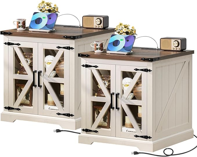 24" End Table Set of 2 with Charging Station, Farmhouse Night Stand with Glass Barn Door, Nightstands with Adjustable Storage Shelf, Large Wood Square Bed Side Table for Living Room,Bedroom-CasaMuseHome