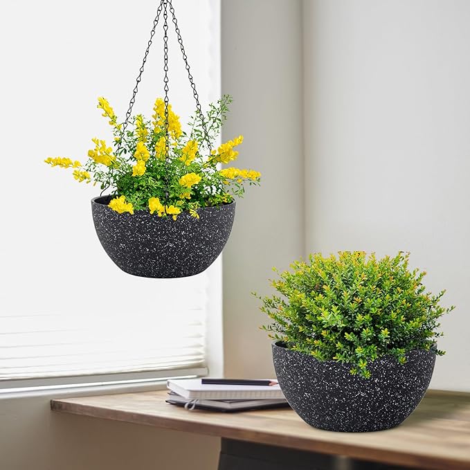 8 inch Small Hanging Planters for Indoor Outdoor Plants, 2 Pack Hanging Flower Plant Pots with Drainage Holes and Chain for Porch, Plastic Hanging Baskets for House Plants, Speckled Black-CasaMuseHome
