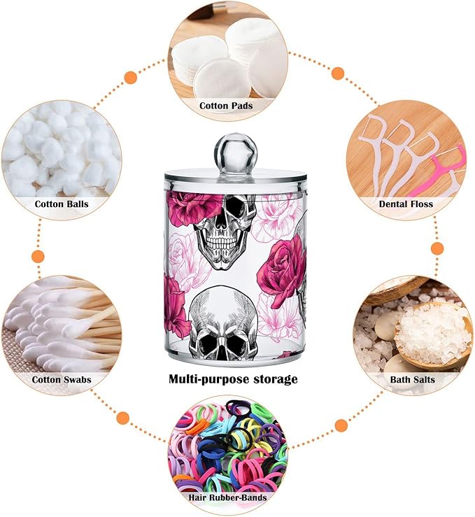2 Pack Qtip Holder Dispenser Skull Rose Flower Bathroom Storage Canister Lid Acrylic Plastic Apothecary Jar Set Vanity Makeup Organizer for Cotton Swab/Ball/Round Pads, Floss-CasaMuseHome