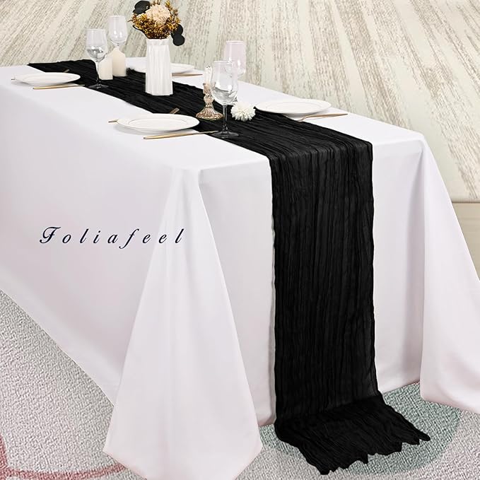 10FT 12 Pack Black Cheesecloth Table Runner 20 x 120 Inch Long Boho Fabric Rustic Cheese Cloth Table Runner for Wedding Bridal Shower Baby Shower Gauze Sheer Birthday Party Table Decorations-CasaMuseHome