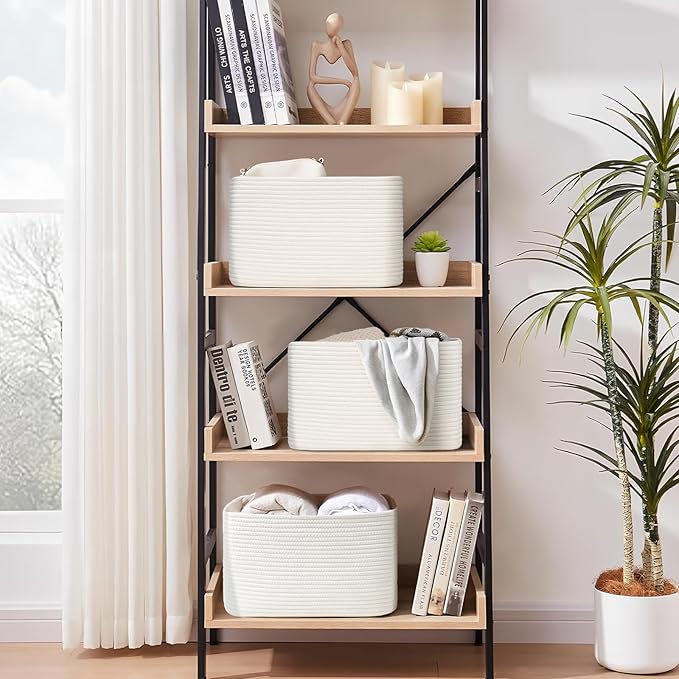 3-Pack Shelf Baskets for Organizing, Woven Storage Basket for Shelves, Cotton Rope Storage Bins for Toys Books, Nursery Towel Baskets for Classroom, 14.96"X9.8"X8.85", White-CasaMuseHome